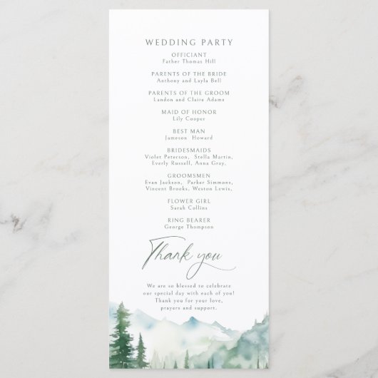 Sage Mountain Forest Rustic Wedding Programs Menu (Achterkant)
