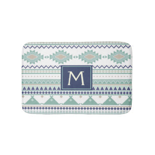Sage & Navy Blue Monogram Native American Pattern Badmat