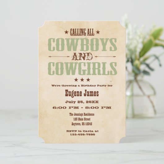 Sage Olive Cowboy Verjaardagsuitnodiging Kaart (Staand voorkant)