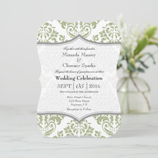 Sage Olive Gray Damask Bracket Wedding Invite Kaart (Staand voorkant)