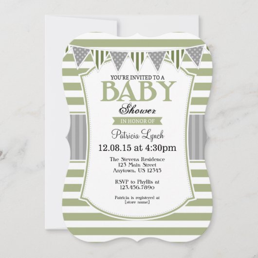 Sage Olive Gray Stripes Baby shower Kaart (Voorkant)