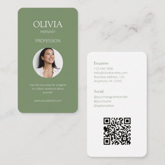 Sage Olive Green Foto Sociale QR Code Visitekaartje (Voorkant / Achterkant)