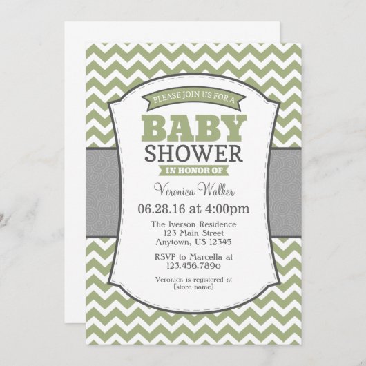 Sage Olive Grey Chevron Baby shower Invitation (Devant / Derrière)