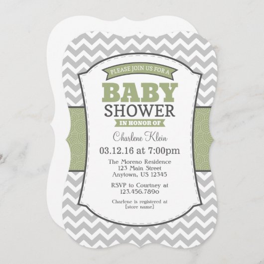 Sage Olive Grey Chevron Baby shower Invitation (Devant / Derrière)