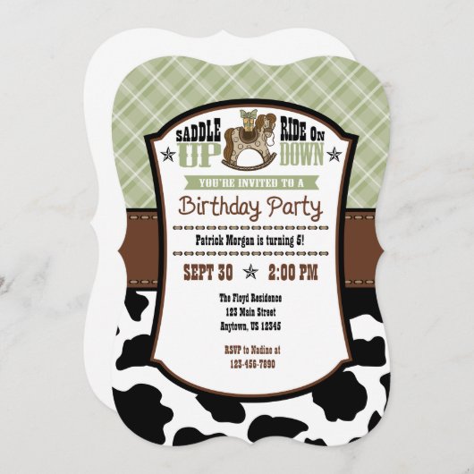 Sage Olive Plaid Cowhide Cowboy Invitation d'anniv (Devant / Derrière)