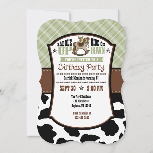 Sage Olive Plaid Cowhide Cowboy Invitation d'anniv (Devant)