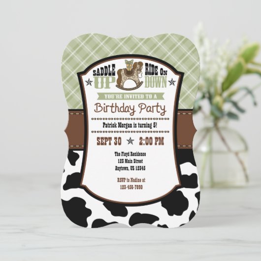 Sage Olive Plaid Cowhide Cowboy Invitation d'anniv (Debout devant)