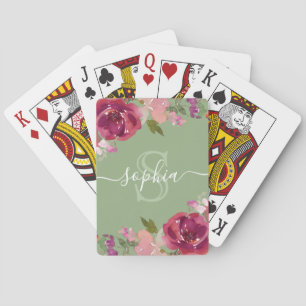 Sage Pink Floral Monogramed Script Name Pokerkaarten