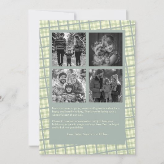 Sage Plaid Gingham Christmas Custom Photo Collage Feestdagenkaart (Achterkant)