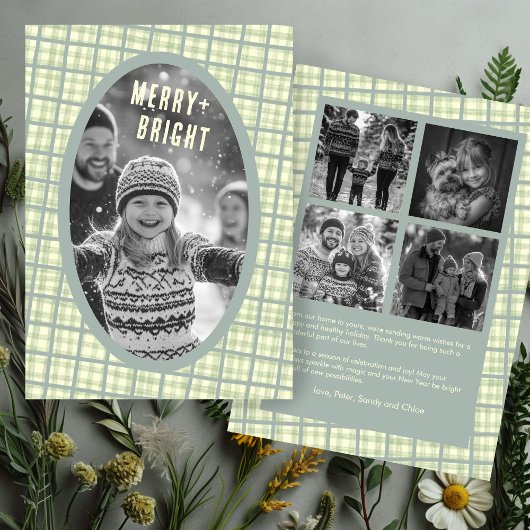 Sage Plaid Gingham Christmas Custom Photo Collage Feestdagenkaart