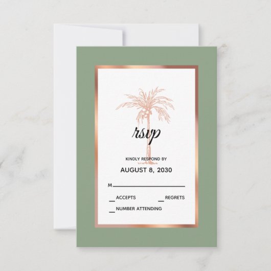 Sage Roos Gold Copper Palm Tree Beach Weddenschap RSVP Kaartje (Voorkant)