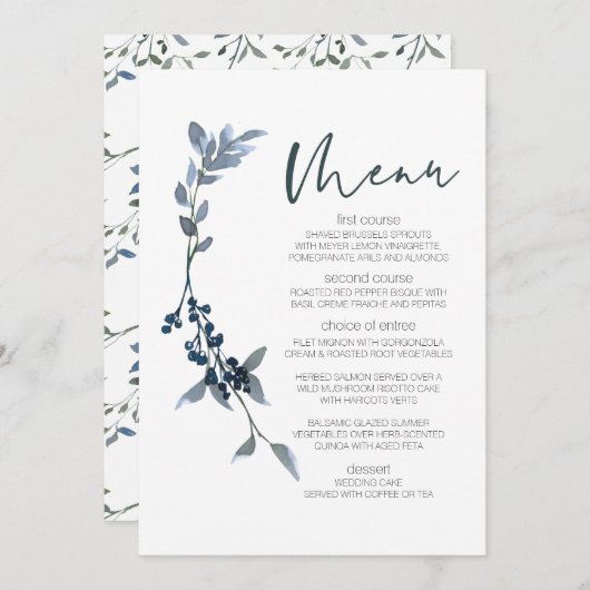 Sage Silver Green Floral Menu Mariage (Devant / Derrière)