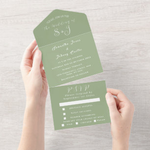 Sage Simple Elegant Script Green Wedding All In One Uitnodiging