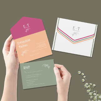 Sage Sinaasappel & Fuschia Roze Eenvoudige Moderne All In One Uitnodiging