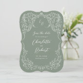 Sage Sketched  Flourish Monogram Huwelijk Save The Date (Staand voorkant)