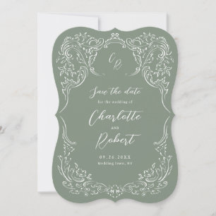 Sage Sketched  Flourish Monogram Huwelijk Save The Date