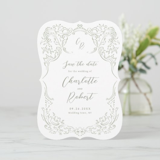 Sage Sketched Flourish Monogram Huwelijk Save The Date (Staand voorkant)