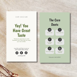 Sage Social Media Tumbler Care Instructions Card Visitekaartje
