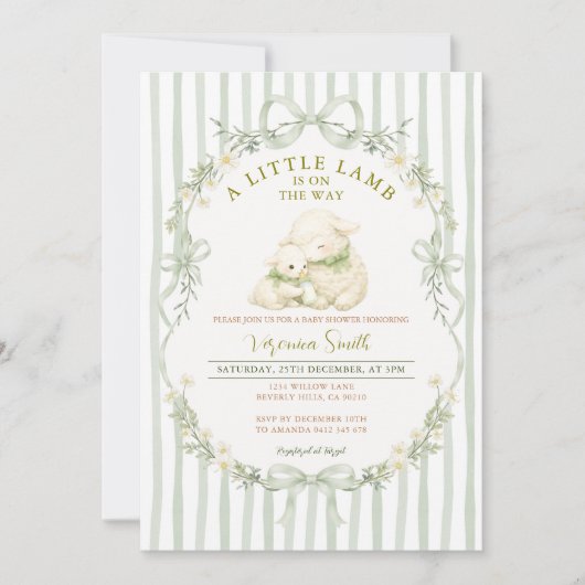 Sage Stripe Little Lamb Baby Shower Invitation (Devant)