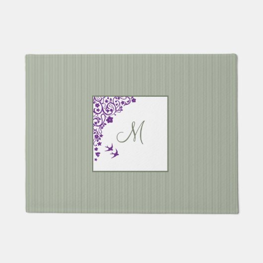 Sage Stripe Paarse Floral Script Monogram Doormat Deurmat (Voorkant)