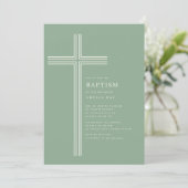 Sage Striped Cross Baptism Invitation  Kaart (Staand voorkant)