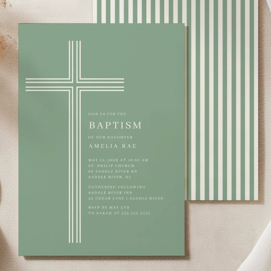 Sage Striped Cross Baptism Invitation  Kaart