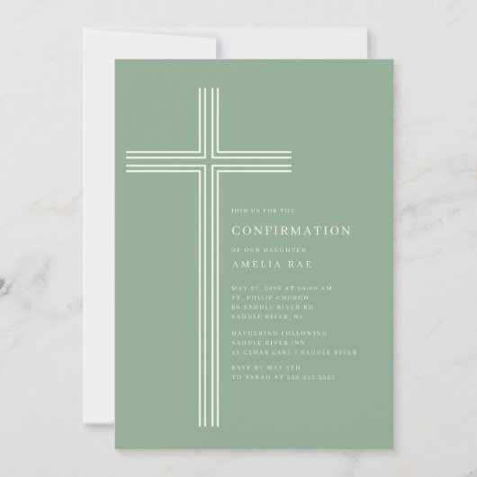 Sage Striped Cross Confirmation Invitation (Devant)