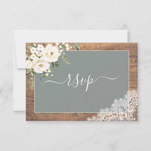 Sage Vert Blanc Floral Script dentelle Bois RSVP (Devant)