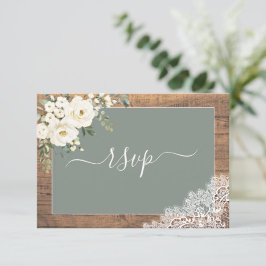 Sage Vert Blanc Floral Script dentelle Bois RSVP (Debout devant)