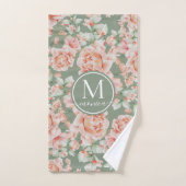 Sage Vert Floral Aquarelle Rose Motif Monogramme (Serviette à main)