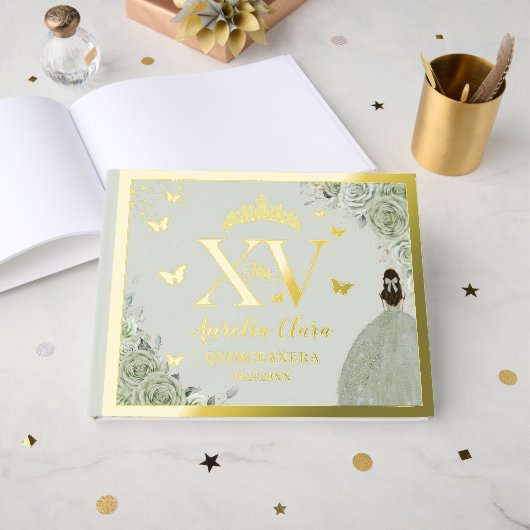 Sage Vert Floral Quinceañera Quince 15 XV Or (Recto ouvert)