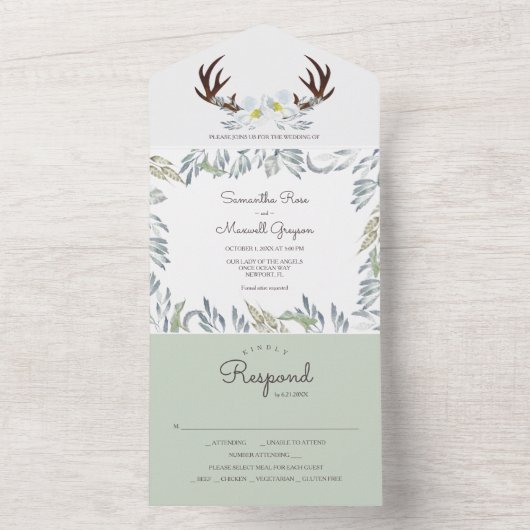 Sage Vert Flores Rustiques Tout En Une Invitation (À l'intérieur)