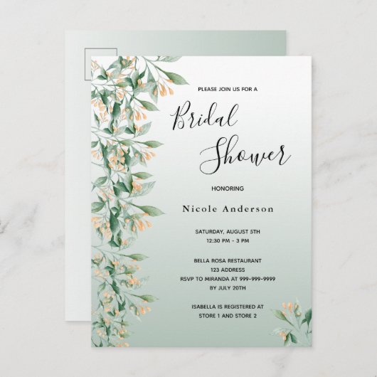 Sage vert or fleuri nuptiale invitation douche (Devant / Derrière)