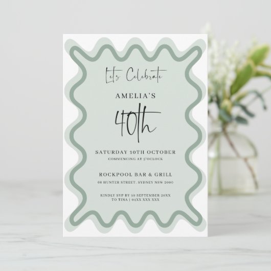 Sage Wavy Border 40th Birthday Invitation (Debout devant)