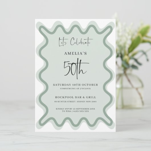 Sage Wavy Border 50th Birthday Invitation (Debout devant)