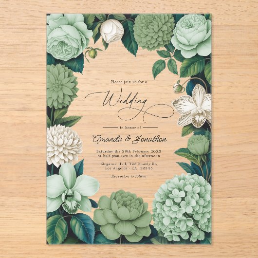 Sage Whisper, Linen Ivory & Olive Mist Wedding Acryl Uitnodigingen (Voorkant)
