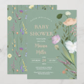 Sage Wildflower Baby shower Kaart (Voorkant / Achterkant)