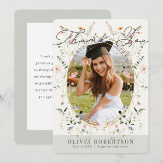 Sage Wildflower Photo Graduation Thank You Card Kaart