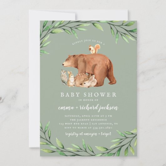 Sage Woodland Greenery Forest Animals Baby shower Kaart (Voorkant)