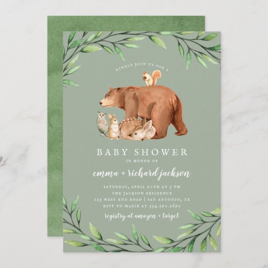 Sage Woodland Greenery Forest Animals Baby shower Kaart (Voorkant / Achterkant)