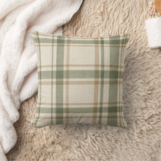 Sagegroene beige en ivoorkleurige geruite kussensl kussen