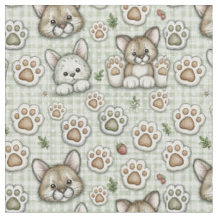 Sagegroene beige geruite cute katpootprint quiltst stof