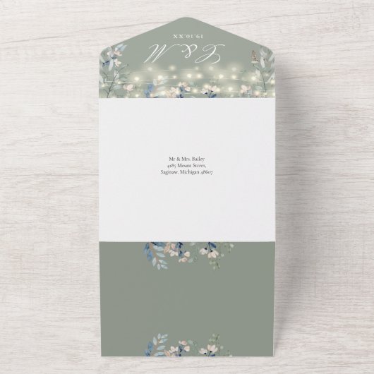 Sagegroene bloemenslingerlampjes QR-code bruiloft All In One Uitnodiging (Buitenkant)