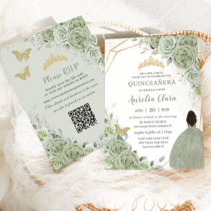 Sagegroene bloemige bruine prinses Quinceañera QR Kaart