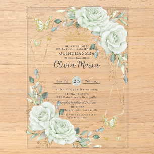 Sagegroene bloemige vlinders Quinceañera Quince Acryl Uitnodigingen