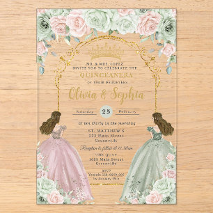 Sagegroene Blush Bloem Twins Gouden Quinceañera Acryl Uitnodigingen