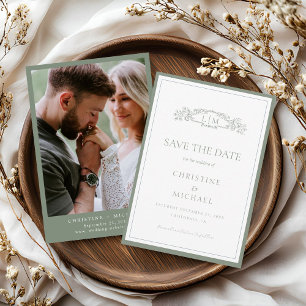 Sagegroene botanische kuif monogram bruiloft save the date