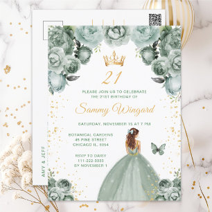 Sagegroene bruine haar prinses verjaardagsfeest briefkaart