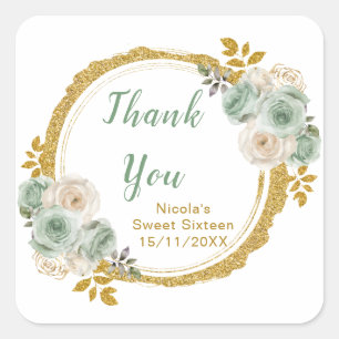 Sagegroene en gouden elegante bloemen verjaardagsf vierkante sticker