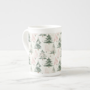 Sagegroene en roze dennenboompatroon porselein kop
